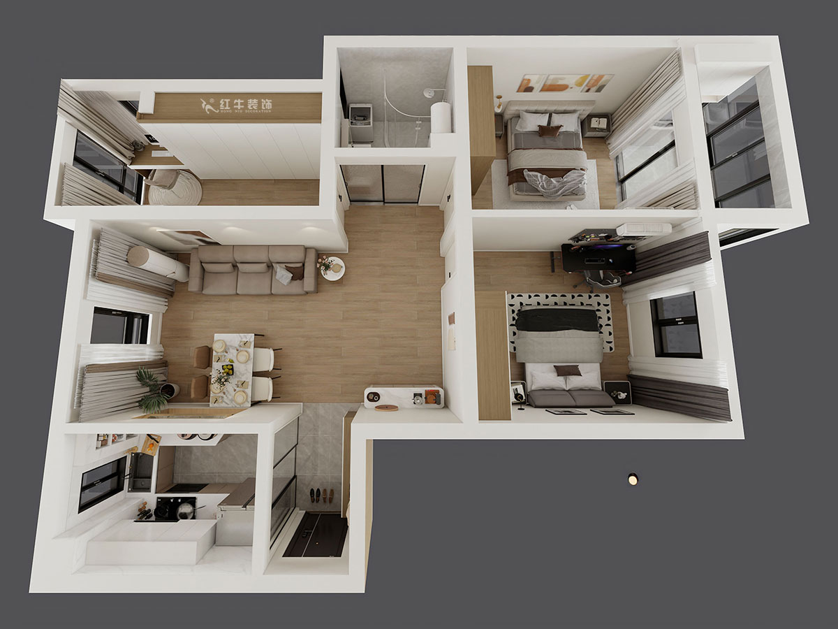 孟宪涛｜月桂园4-1005-103㎡-现代简约风格｜3室2厅1卫｜新房装修｜定制家｜全包14万｜00_04鸟瞰图